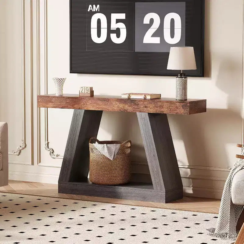 2-Tier Sofa Table with Open Storage Shelves, 55 Inch Farmhouse Narrow Console Table, Industrial Wooden Entryway Table