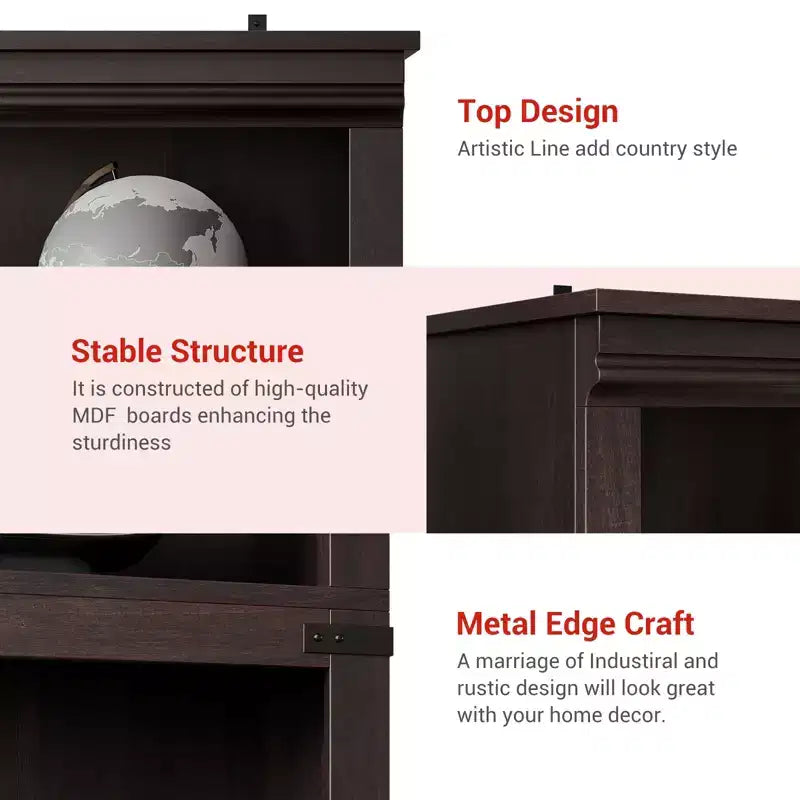 5-Tier Farmhouse Bookcase with Open Display Shelves, 67.4 Tall Wooden Storage Bookcase for Home Office, Living Room, Bedroom
