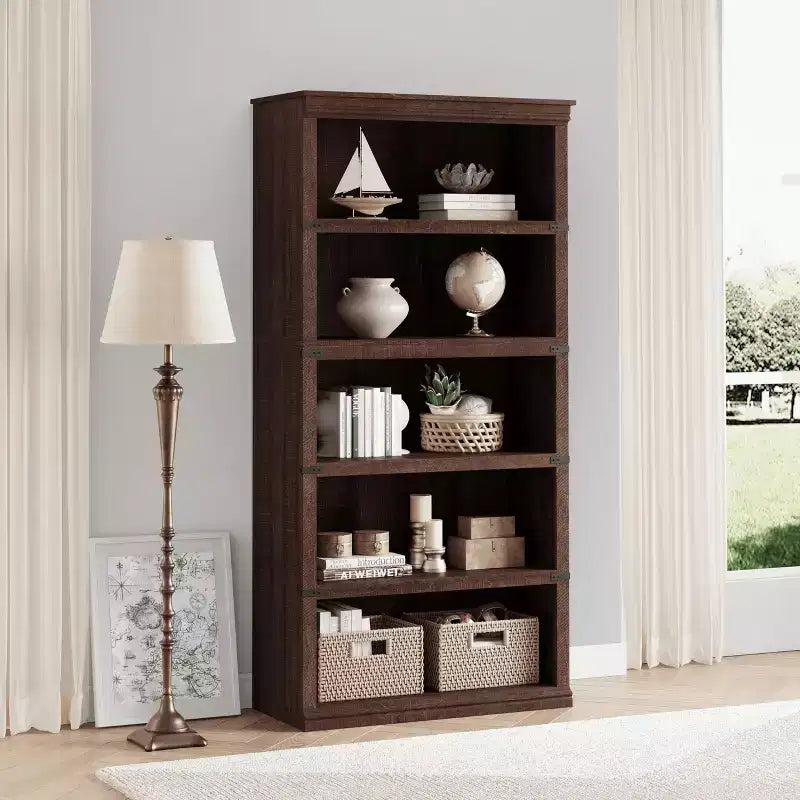 5-Tier Farmhouse Bookcase with Open Display Shelves, 67.4 Tall Wooden Storage Bookcase for Home Office, Living Room, Bedroom