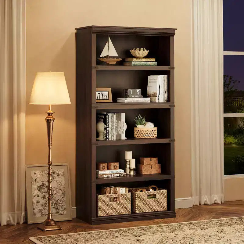 5-Tier Farmhouse Bookcase with Open Display Shelves, 67.4 Tall Wooden Storage Bookcase for Home Office, Living Room, Bedroom