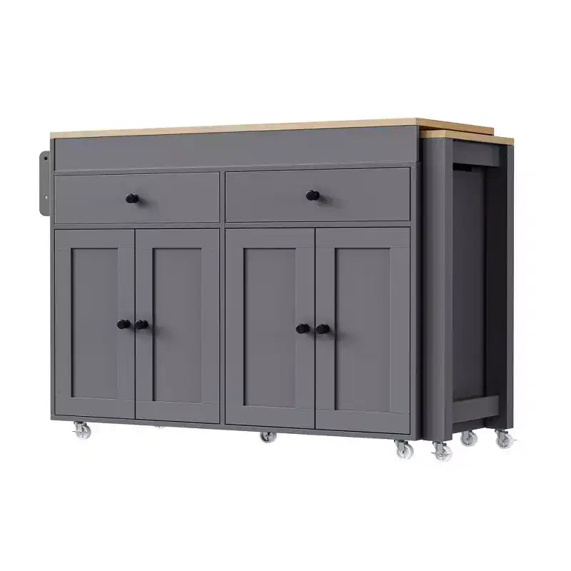 FAMYYT White Wood Top 74.5 in. Kitchen Island with Extendable Table, Hidden Wheels, and Ample Storage