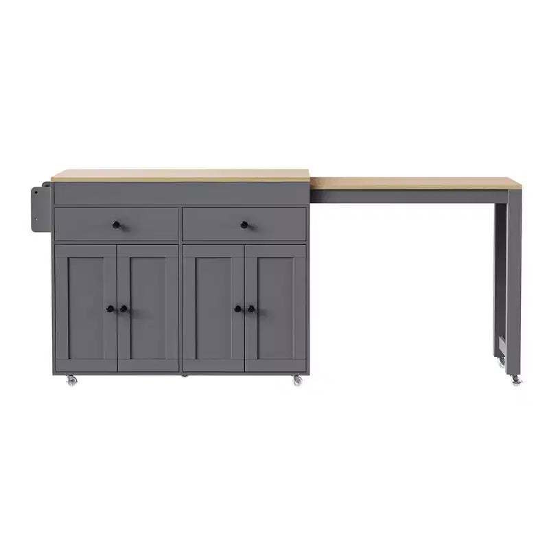 FAMYYT White Wood Top 74.5 in. Kitchen Island with Extendable Table, Hidden Wheels, and Ample Storage