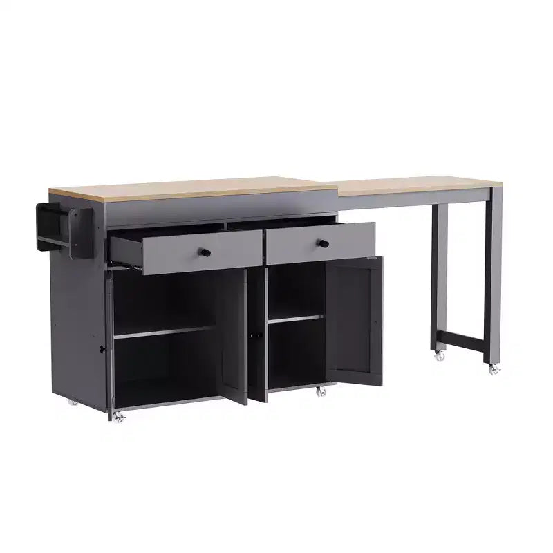 FAMYYT White Wood Top 74.5 in. Kitchen Island with Extendable Table, Hidden Wheels, and Ample Storage