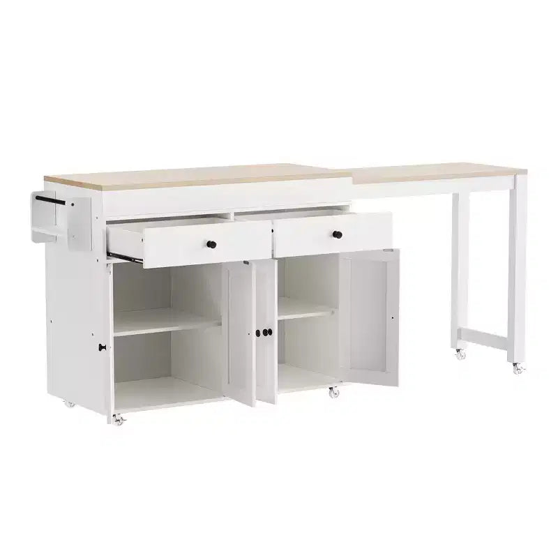 FAMYYT White Wood Top 74.5 in. Kitchen Island with Extendable Table, Hidden Wheels, and Ample Storage
