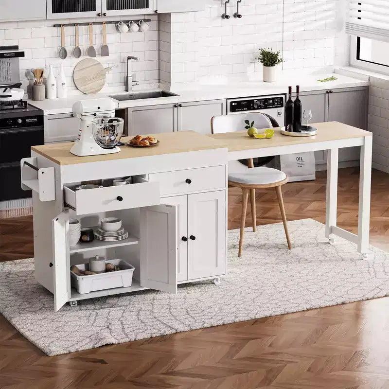 FAMYYT White Wood Top 74.5 in. Kitchen Island with Extendable Table, Hidden Wheels, and Ample Storage