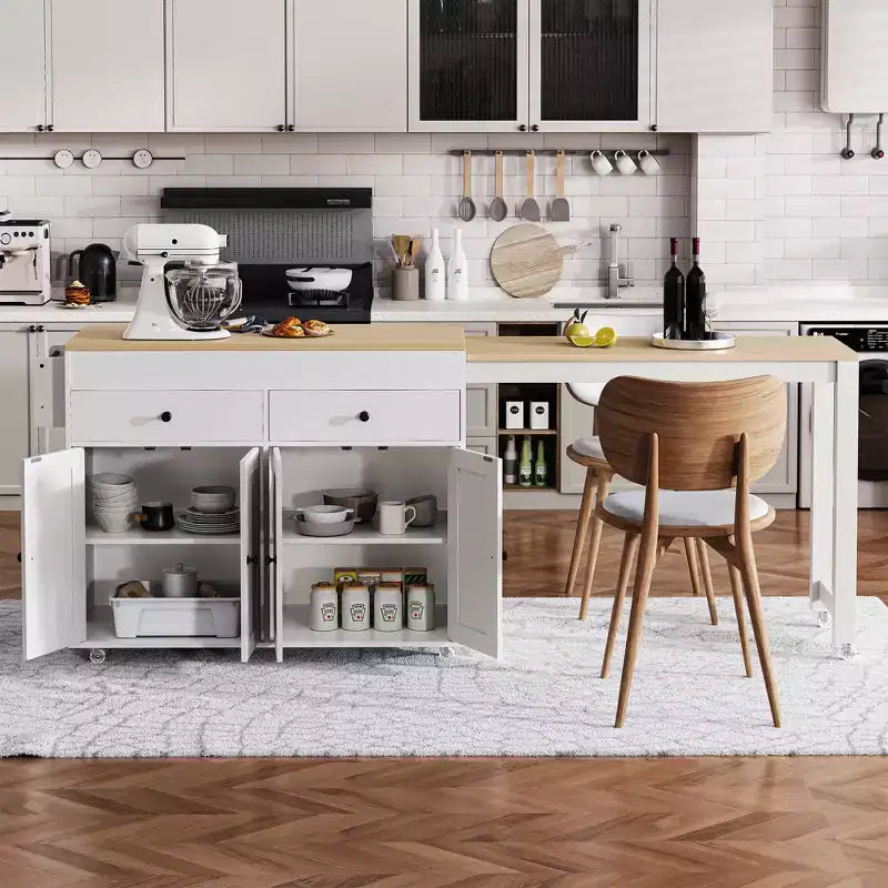FAMYYT White Wood Top 74.5 in. Kitchen Island with Extendable Table, Hidden Wheels, and Ample Storage