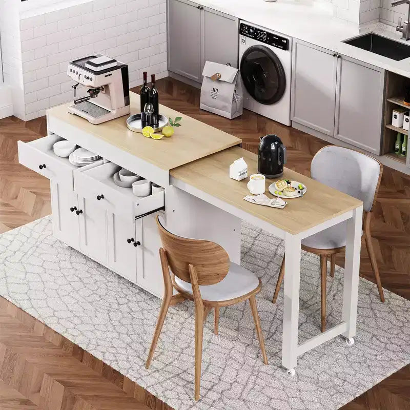 FAMYYT White Wood Top 74.5 in. Kitchen Island with Extendable Table, Hidden Wheels, and Ample Storage