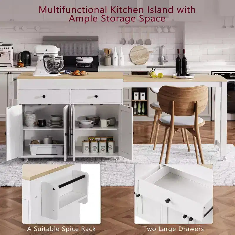 FAMYYT White Wood Top 74.5 in. Kitchen Island with Extendable Table, Hidden Wheels, and Ample Storage