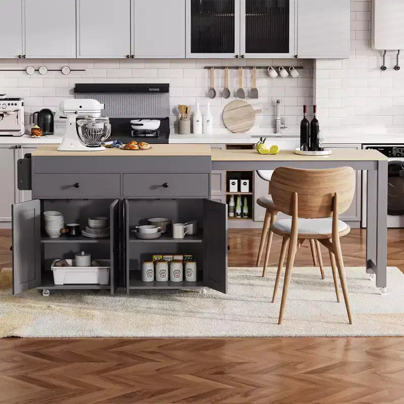 FAMYYT White Wood Top 74.5 in. Kitchen Island with Extendable Table, Hidden Wheels, and Ample Storage