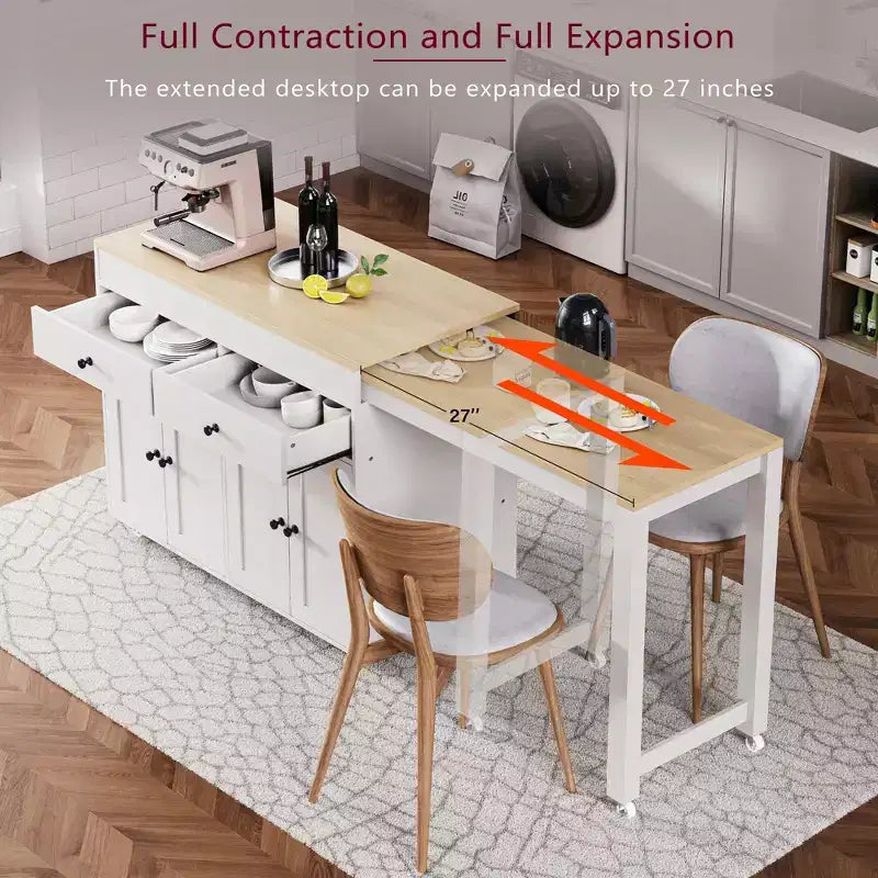 FAMYYT White Wood Top 74.5 in. Kitchen Island with Extendable Table, Hidden Wheels, and Ample Storage