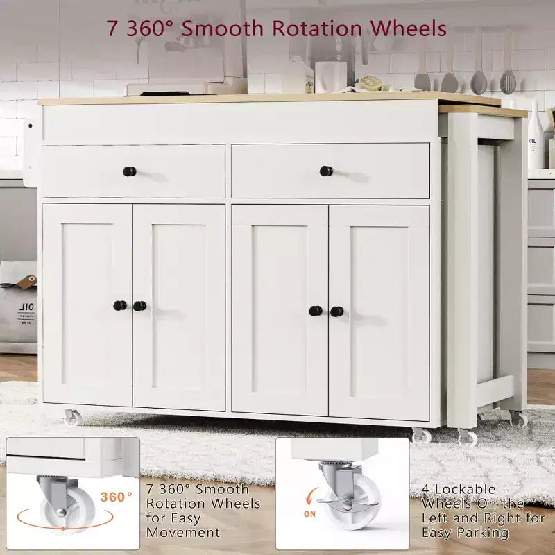 FAMYYT White Wood Top 74.5 in. Kitchen Island with Extendable Table, Hidden Wheels, and Ample Storage