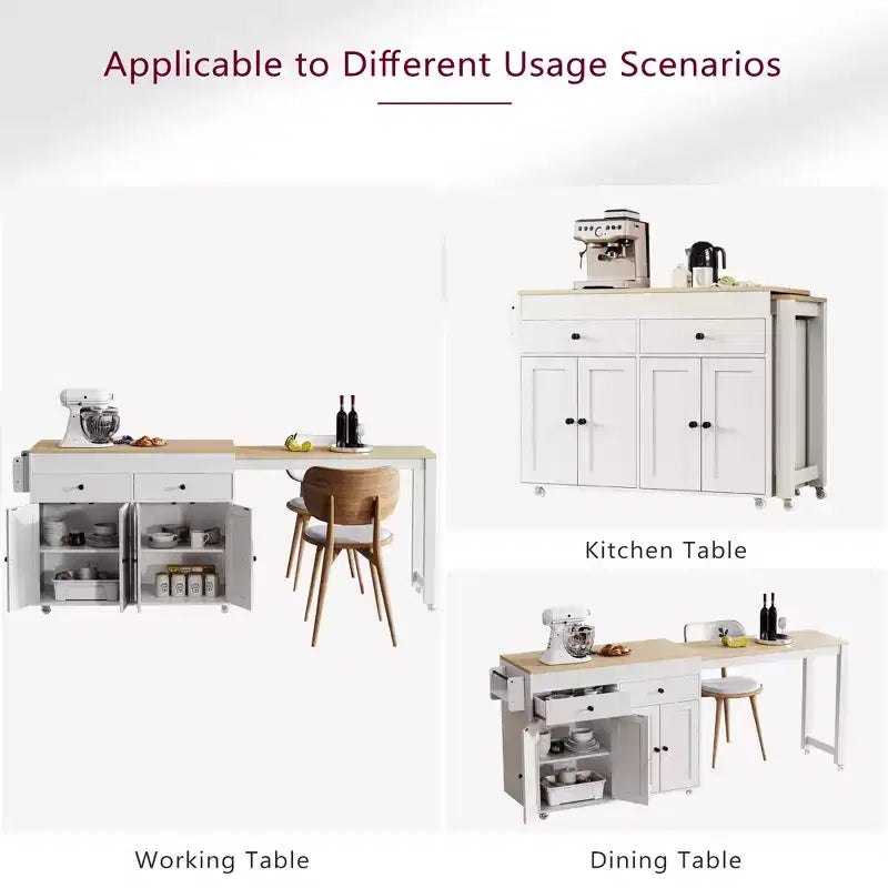 FAMYYT White Wood Top 74.5 in. Kitchen Island with Extendable Table, Hidden Wheels, and Ample Storage