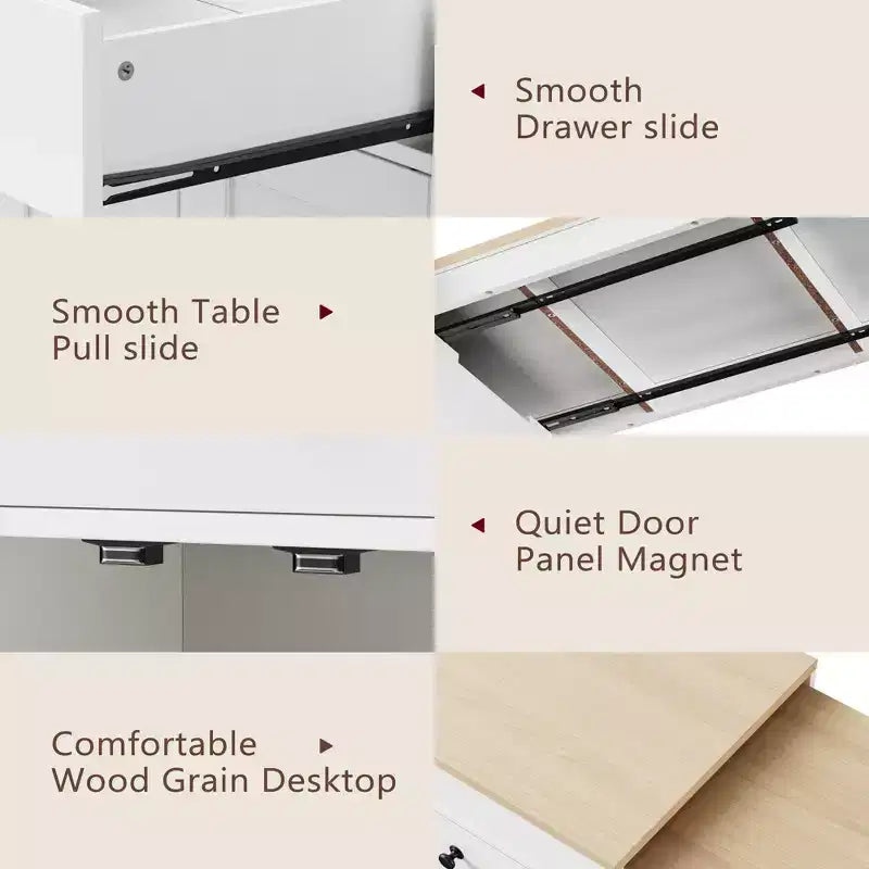 FAMYYT White Wood Top 74.5 in. Kitchen Island with Extendable Table, Hidden Wheels, and Ample Storage
