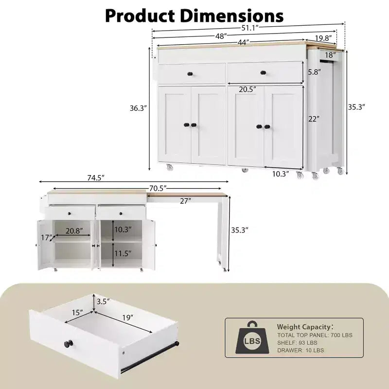 FAMYYT White Wood Top 74.5 in. Kitchen Island with Extendable Table, Hidden Wheels, and Ample Storage
