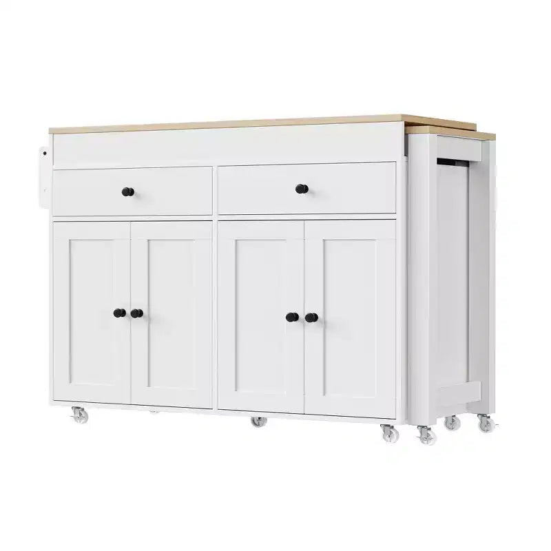 FAMYYT White Wood Top 74.5 in. Kitchen Island with Extendable Table, Hidden Wheels, and Ample Storage