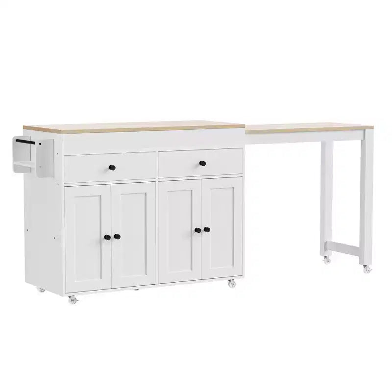 FAMYYT White Wood Top 74.5 in. Kitchen Island with Extendable Table, Hidden Wheels, and Ample Storage
