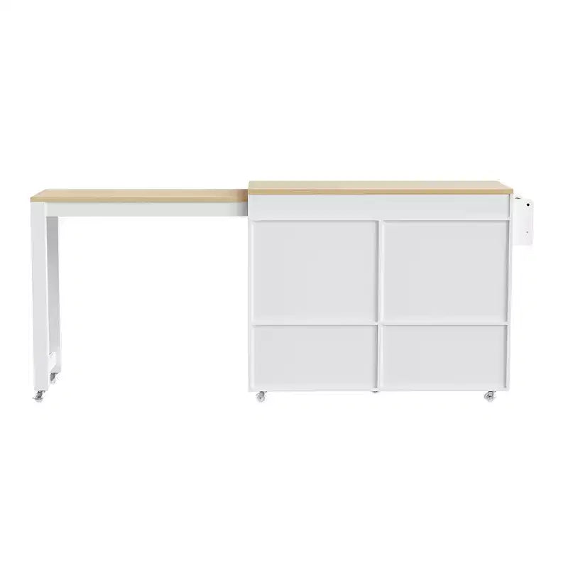 FAMYYT White Wood Top 74.5 in. Kitchen Island with Extendable Table, Hidden Wheels, and Ample Storage