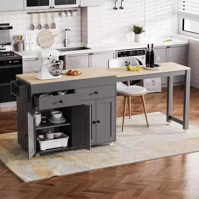 FAMYYT White Wood Top 74.5 in. Kitchen Island with Extendable Table, Hidden Wheels, and Ample Storage