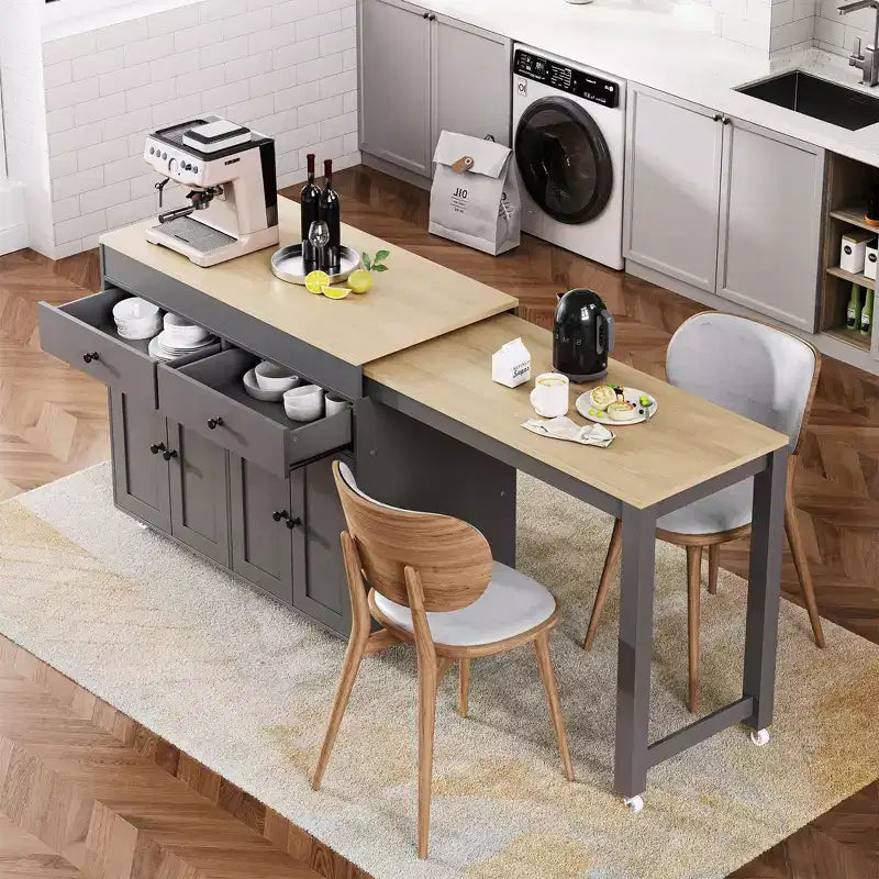 FAMYYT White Wood Top 74.5 in. Kitchen Island with Extendable Table, Hidden Wheels, and Ample Storage