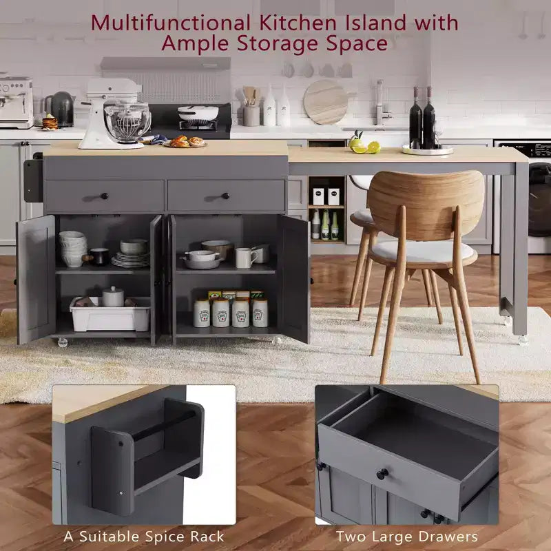 FAMYYT White Wood Top 74.5 in. Kitchen Island with Extendable Table, Hidden Wheels, and Ample Storage