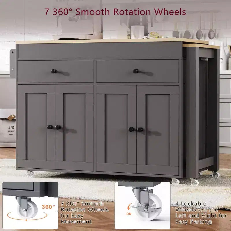 FAMYYT White Wood Top 74.5 in. Kitchen Island with Extendable Table, Hidden Wheels, and Ample Storage