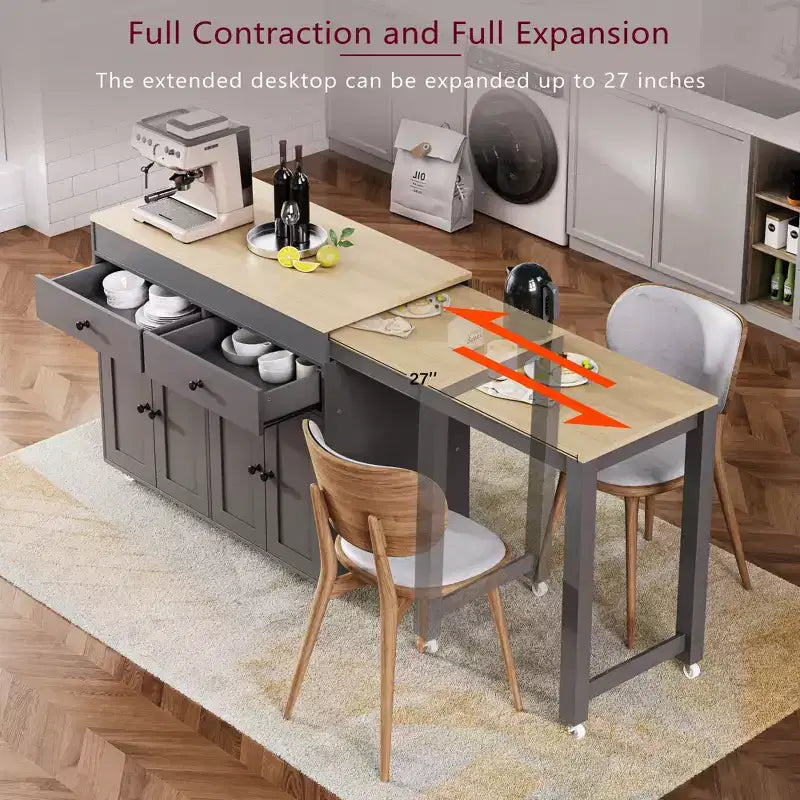 FAMYYT White Wood Top 74.5 in. Kitchen Island with Extendable Table, Hidden Wheels, and Ample Storage