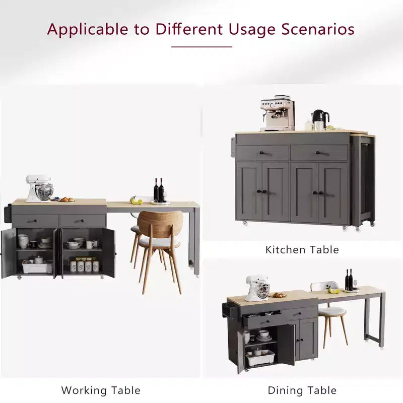 FAMYYT White Wood Top 74.5 in. Kitchen Island with Extendable Table, Hidden Wheels, and Ample Storage