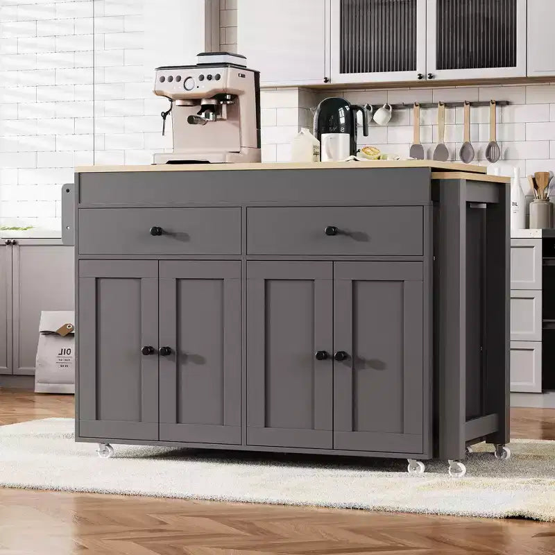 FAMYYT White Wood Top 74.5 in. Kitchen Island with Extendable Table, Hidden Wheels, and Ample Storage