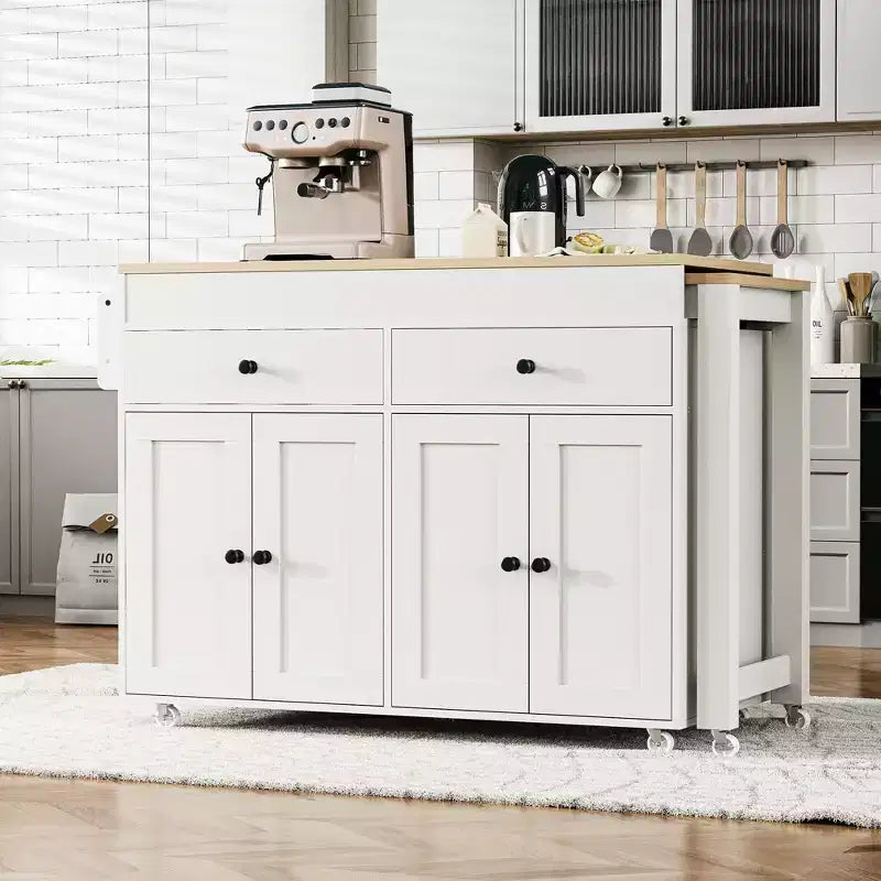FAMYYT White Wood Top 74.5 in. Kitchen Island with Extendable Table, Hidden Wheels, and Ample Storage