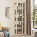 69 H Lighted Corner Curio Cabinet Display Case With Adjustable Shelves, Tempered Glass, Mirrored Back Panel