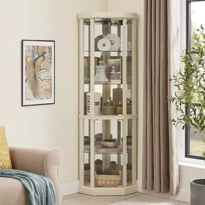 69 H Lighted Corner Curio Cabinet Display Case With Adjustable Shelves, Tempered Glass, Mirrored Back Panel