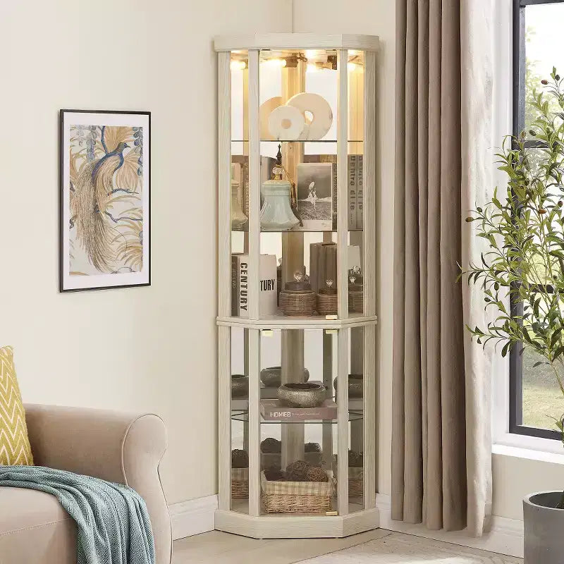 69 H Lighted Corner Curio Cabinet Display Case With Adjustable Shelves, Tempered Glass, Mirrored Back Panel