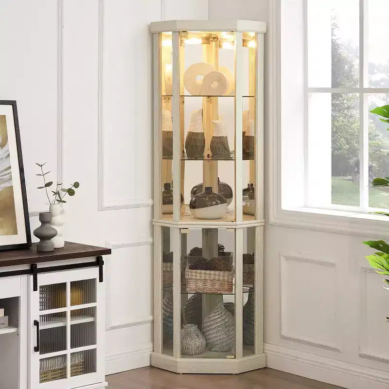 69 H Lighted Corner Curio Cabinet Display Case With Adjustable Shelves, Tempered Glass, Mirrored Back Panel
