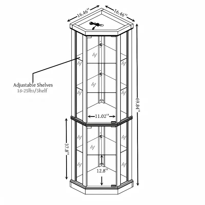 69 H Lighted Corner Curio Cabinet Display Case With Adjustable Shelves, Tempered Glass, Mirrored Back Panel