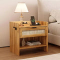 COZONY Rattan Bedside Table with Type-C Charging Station, Drawer & Open Shelf for Bedroom, Office & Living Room