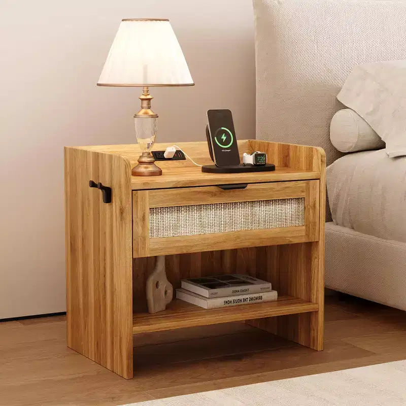 COZONY Rattan Bedside Table with Type-C Charging Station, Drawer & Open Shelf for Bedroom, Office & Living Room