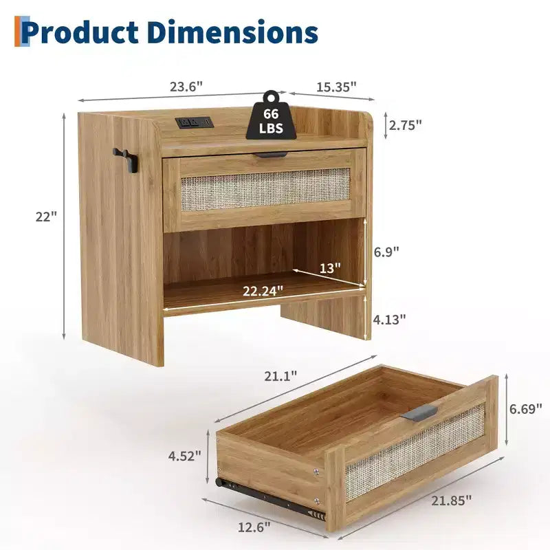 COZONY Rattan Bedside Table with Type-C Charging Station, Drawer & Open Shelf for Bedroom, Office & Living Room
