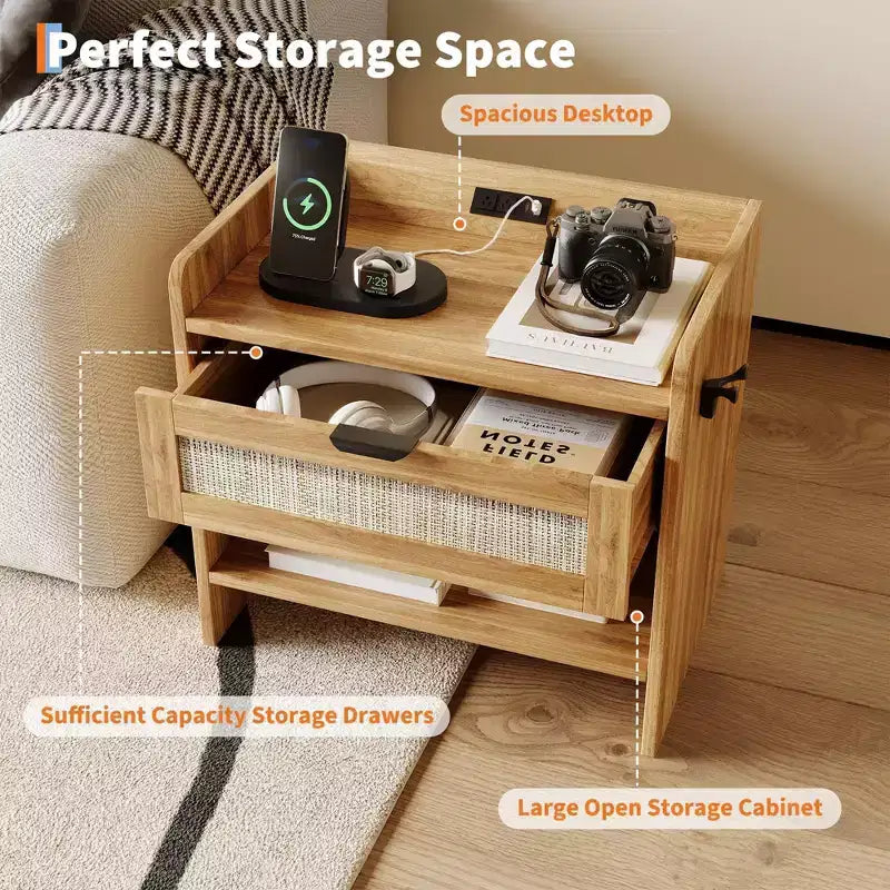 COZONY Rattan Bedside Table with Type-C Charging Station, Drawer & Open Shelf for Bedroom, Office & Living Room