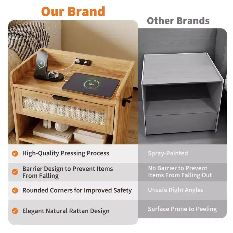 COZONY Rattan Bedside Table with Type-C Charging Station, Drawer & Open Shelf for Bedroom, Office & Living Room