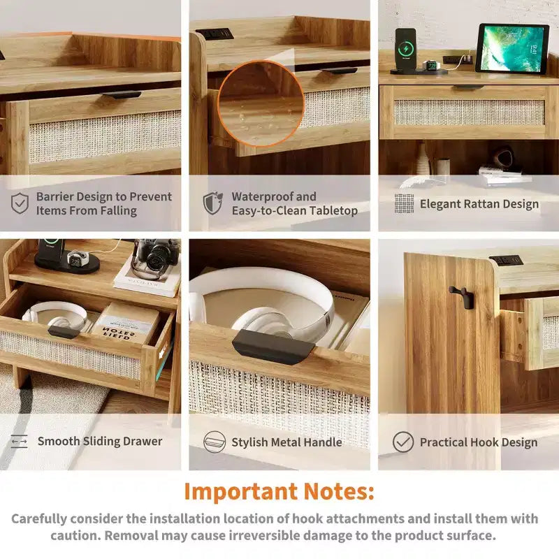COZONY Rattan Bedside Table with Type-C Charging Station, Drawer & Open Shelf for Bedroom, Office & Living Room