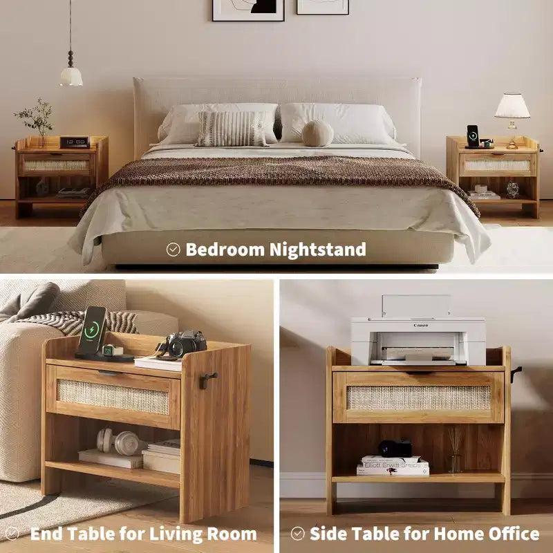 COZONY Rattan Bedside Table with Type-C Charging Station, Drawer & Open Shelf for Bedroom, Office & Living Room