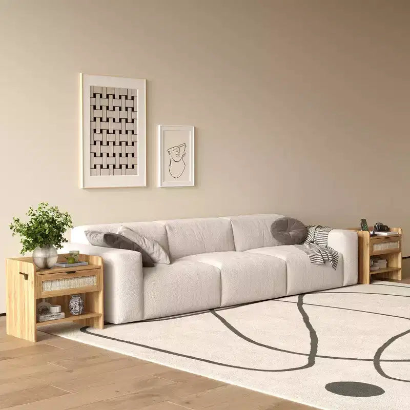 COZONY Rattan Bedside Table with Type-C Charging Station, Drawer & Open Shelf for Bedroom, Office & Living Room