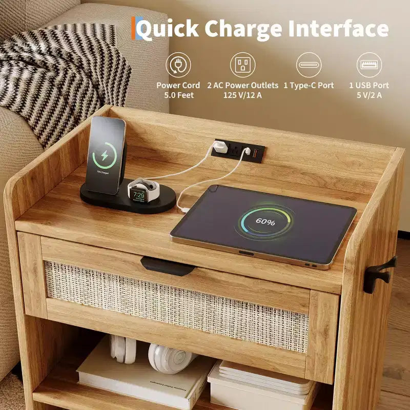 COZONY Rattan Bedside Table with Type-C Charging Station, Drawer & Open Shelf for Bedroom, Office & Living Room
