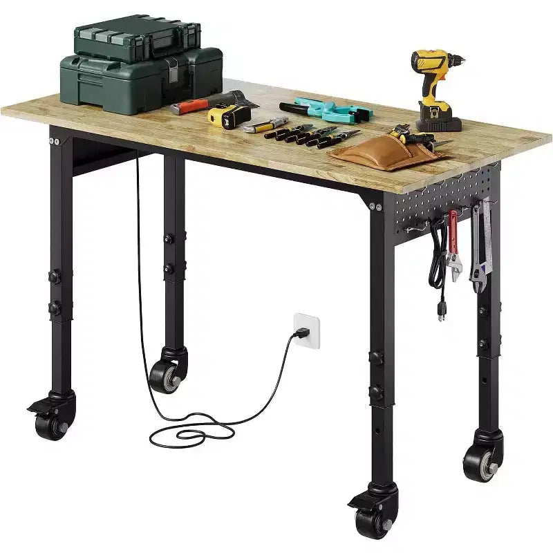 Adjustable Heavy Duty Workbench Rubber Wood Top, Garage Work Table on Wheels with Pegboard, Portable Work Bench for Garage, 2200 LBS Load Capacity