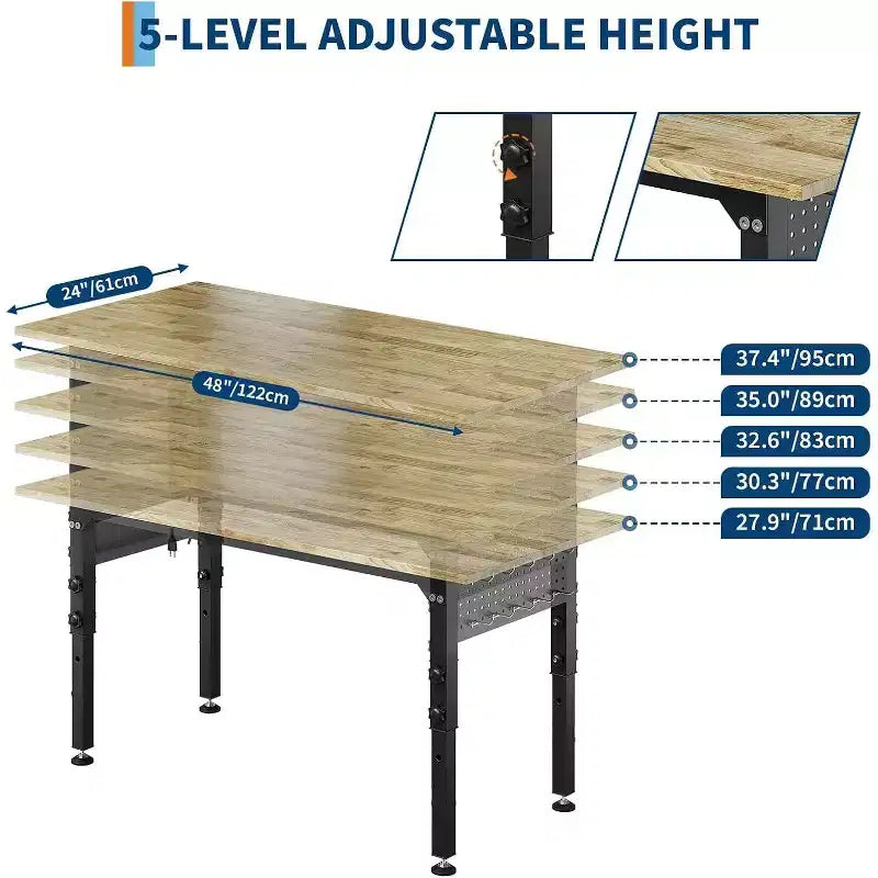Adjustable Heavy Duty Workbench Rubber Wood Top, Garage Work Table on Wheels with Pegboard, Portable Work Bench for Garage, 2200 LBS Load Capacity