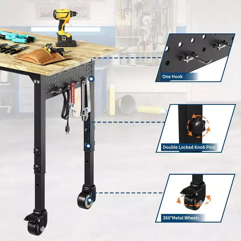 Adjustable Heavy Duty Workbench Rubber Wood Top, Garage Work Table on Wheels with Pegboard, Portable Work Bench for Garage, 2200 LBS Load Capacity