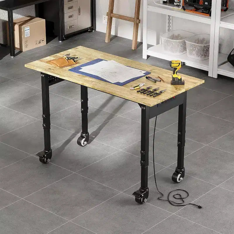 Adjustable Heavy Duty Workbench Rubber Wood Top, Garage Work Table on Wheels with Pegboard, Portable Work Bench for Garage, 2200 LBS Load Capacity