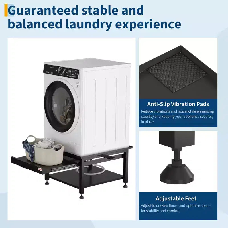 27-inch Washer Dryer Base Set (2 pieces), Metal Storage Rack with Pullout Basket, Shock Pad, Drain Tray and Hose, Black
