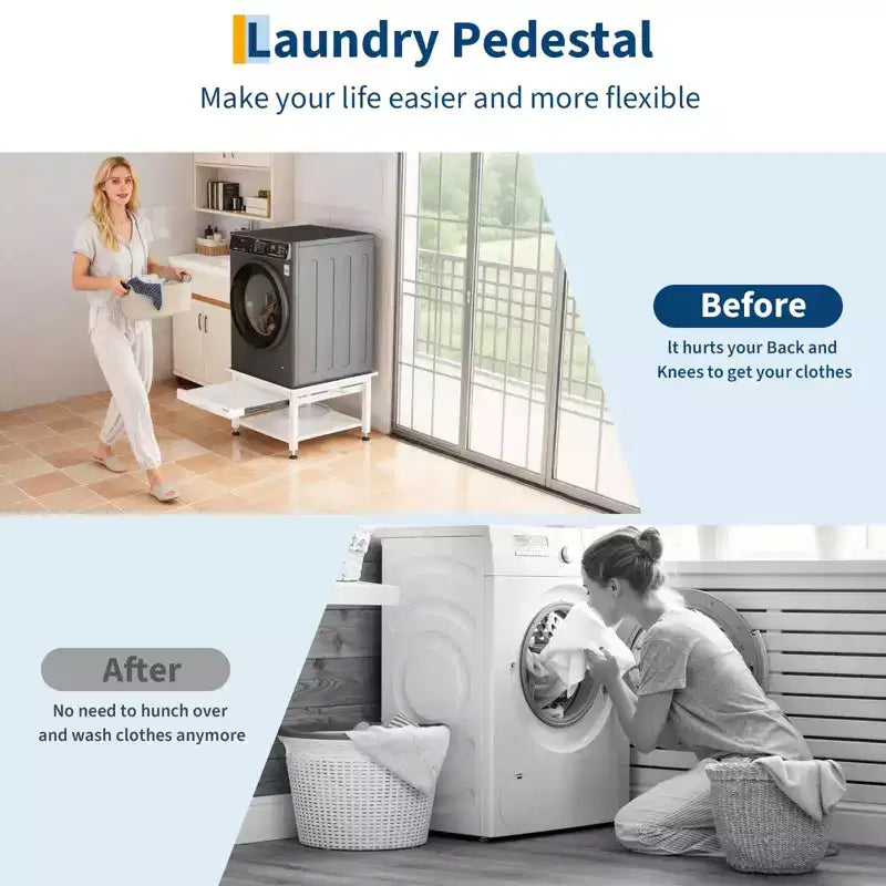27-inch Washer Dryer Base Set (2 pieces), Metal Storage Rack with Pullout Basket, Shock Pad, Drain Tray and Hose, Black