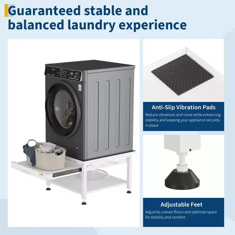 27-inch Washer Dryer Base Set (2 pieces), Metal Storage Rack with Pullout Basket, Shock Pad, Drain Tray and Hose, Black